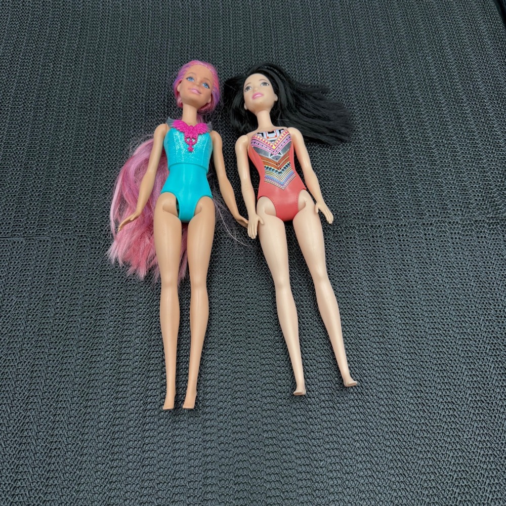 Mattel Barbie Doll Lot of 2 Molded Swimsuit Pink Hair HLC32 Black Hair GHW38
